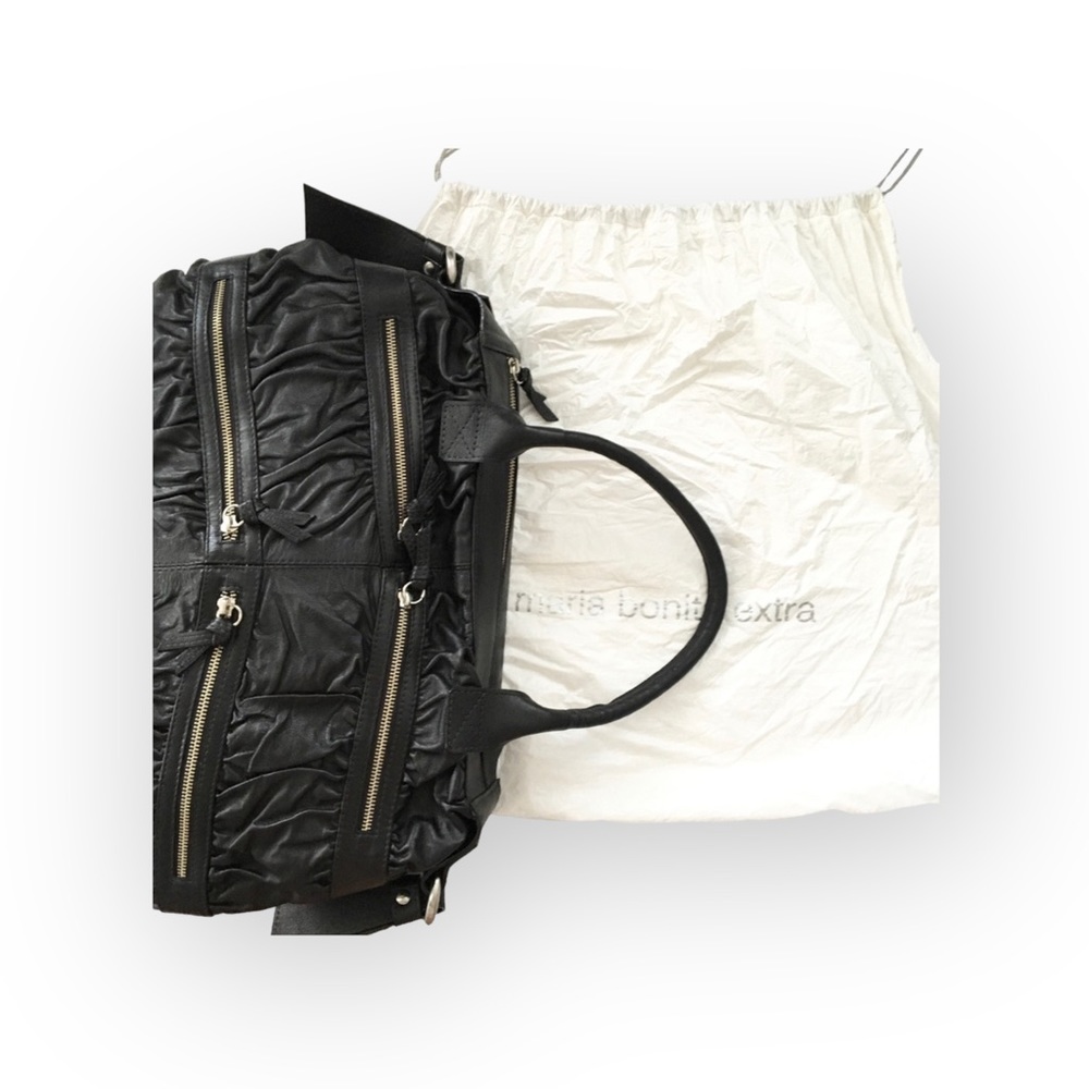 new Maria Bonita Extra ༄ Zip Pockets Leather Travel Bag ༄ Black Metallic Sheen - Picture 11 of 16